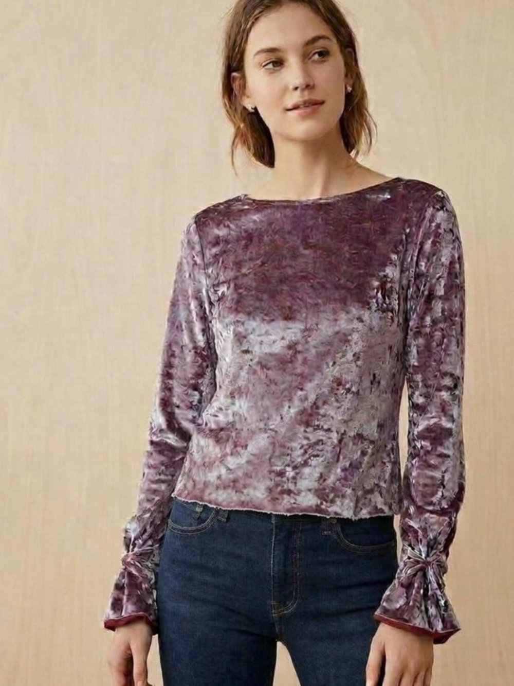 NWOT ZARA Plum Crushed Velvet Bell Long Sleeve Crop Top